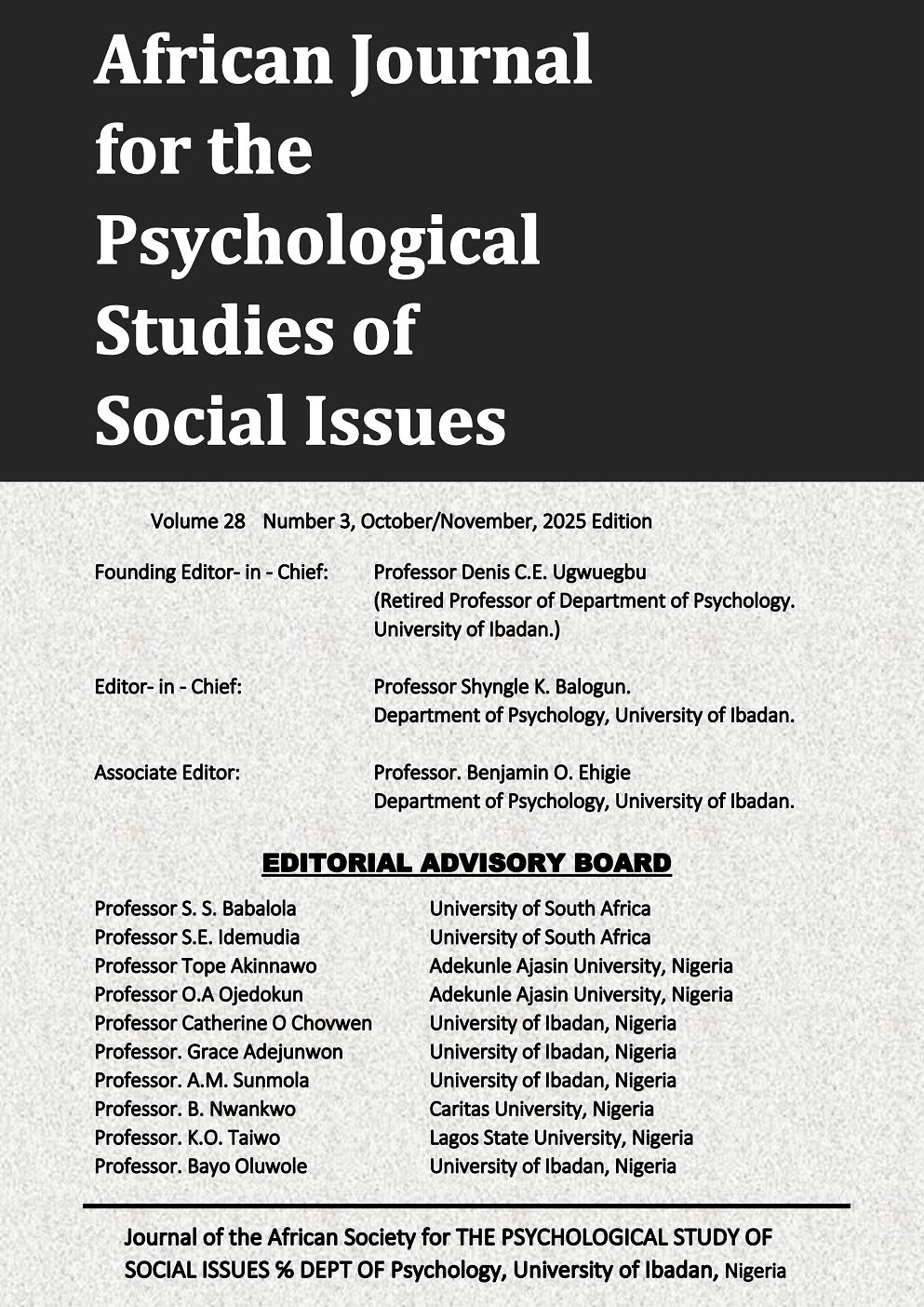View Vol. 28 No. 3 (2025): AFRICAN JOURNAL FOR THE PSYCHOLOGICAL STUDIES OF SOCIAL ISSUES